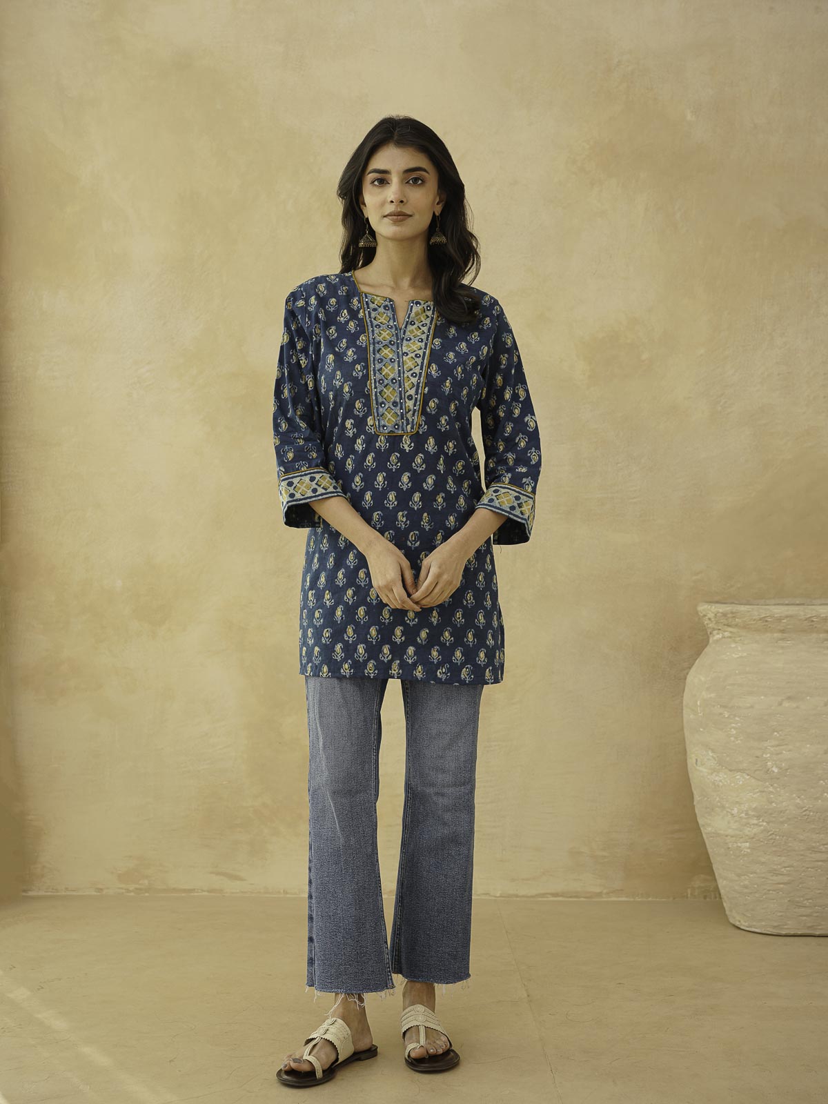 Cotton Printed Sequin Short Kurti For Women Indigo