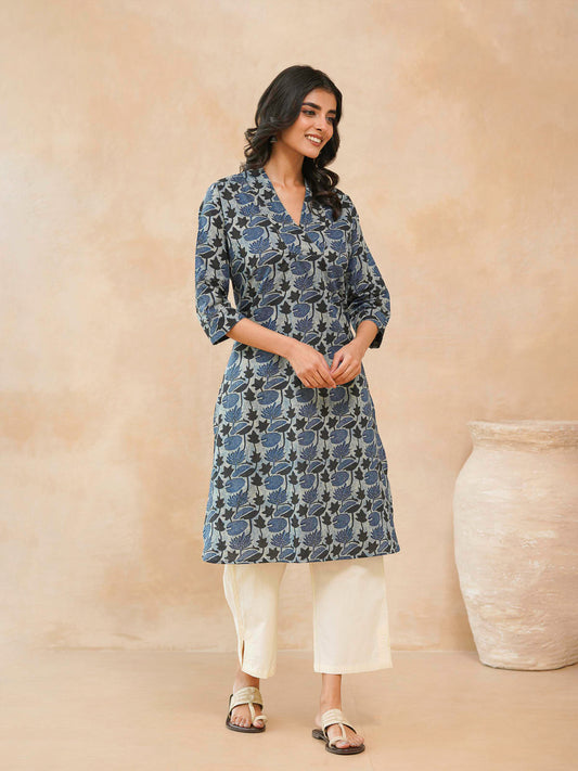 Cotton Printed Straight Kurta Indigo Lotus