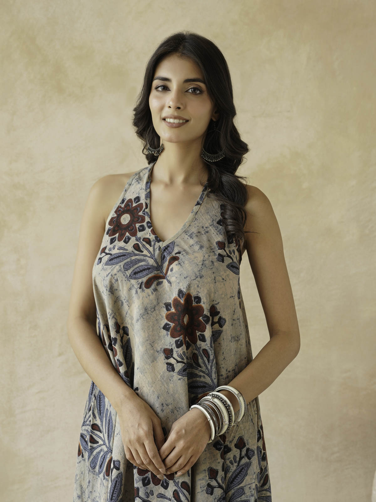 Cotton Printed Aline Moana Dress Beige