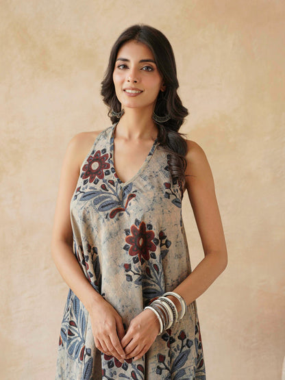 Cotton Printed Aline Moana Dress Beige