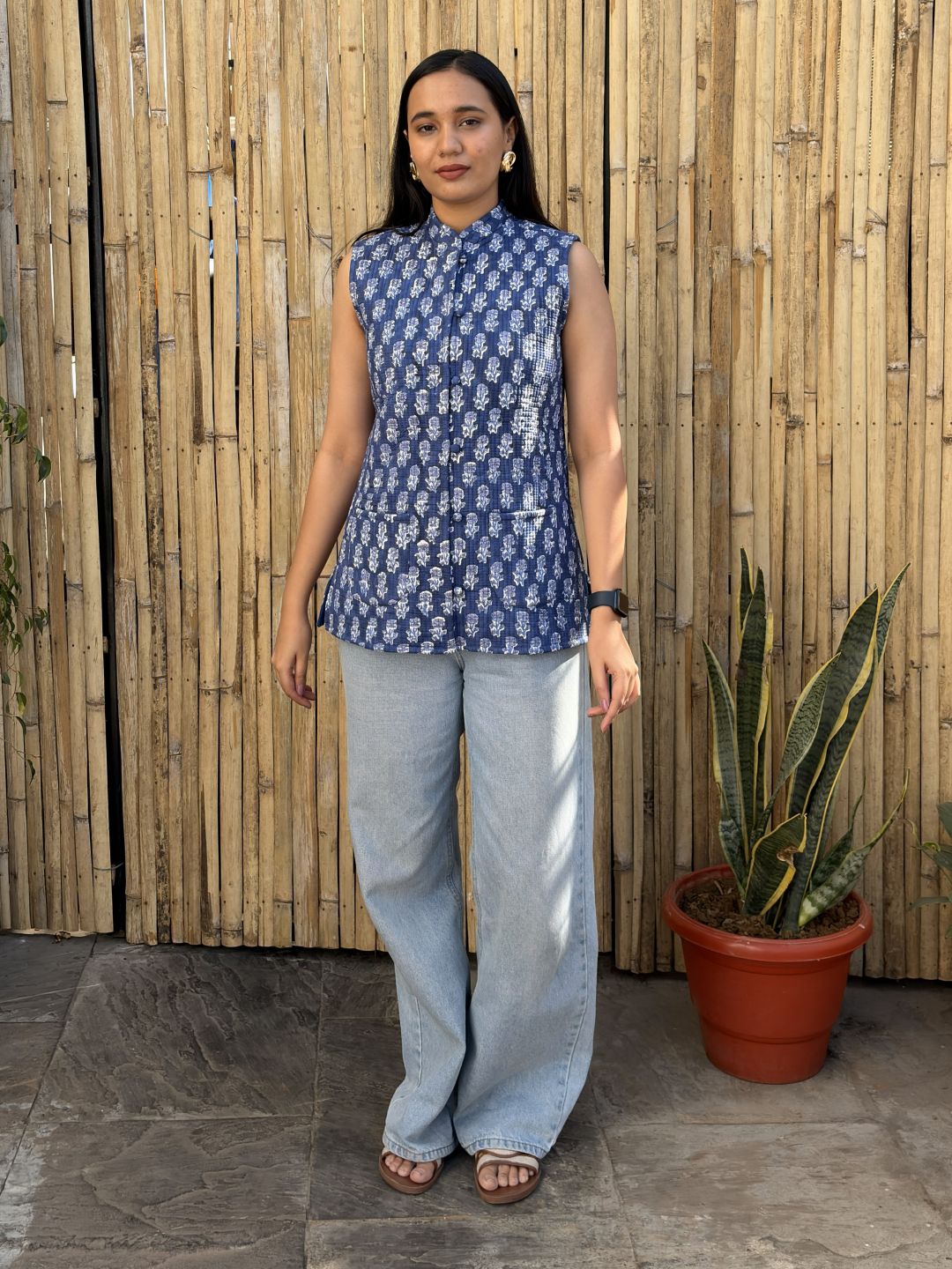 Cotton Printed Sleeveless Quilted Jacket Indigo Booty
