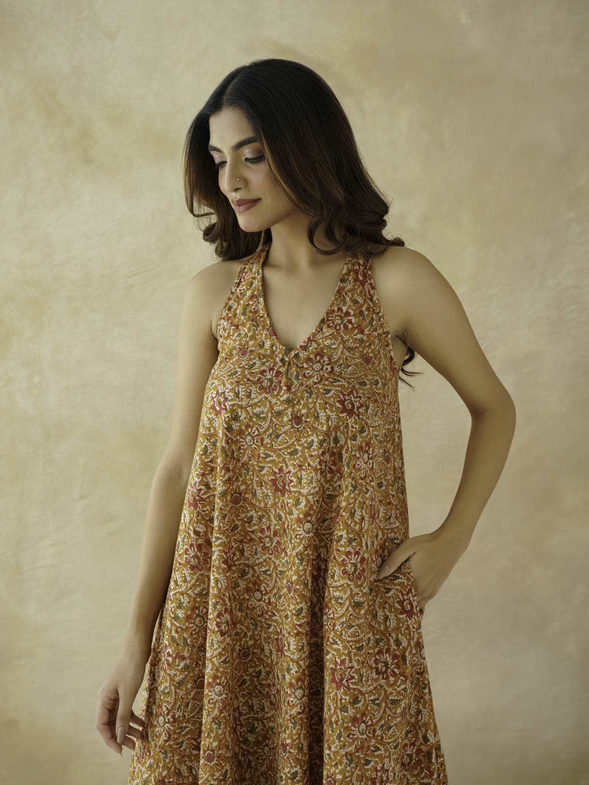 Cotton Printed Aline Moana Dress Mustard