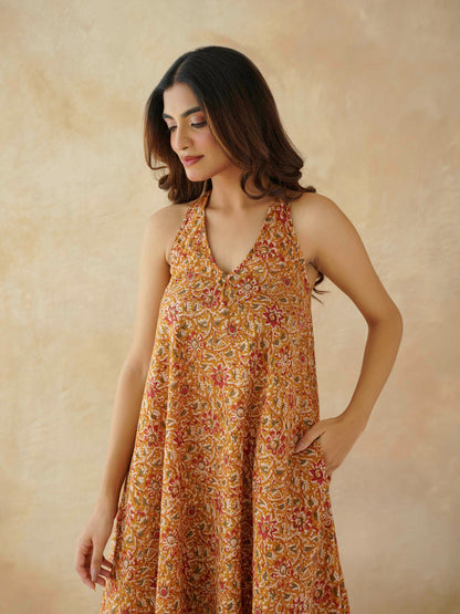Cotton Printed Aline Moana Dress Mustard