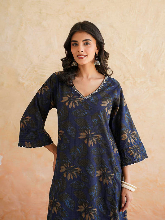 Cotton Printed Ultimate Aline Kurta For Women Dark Blue