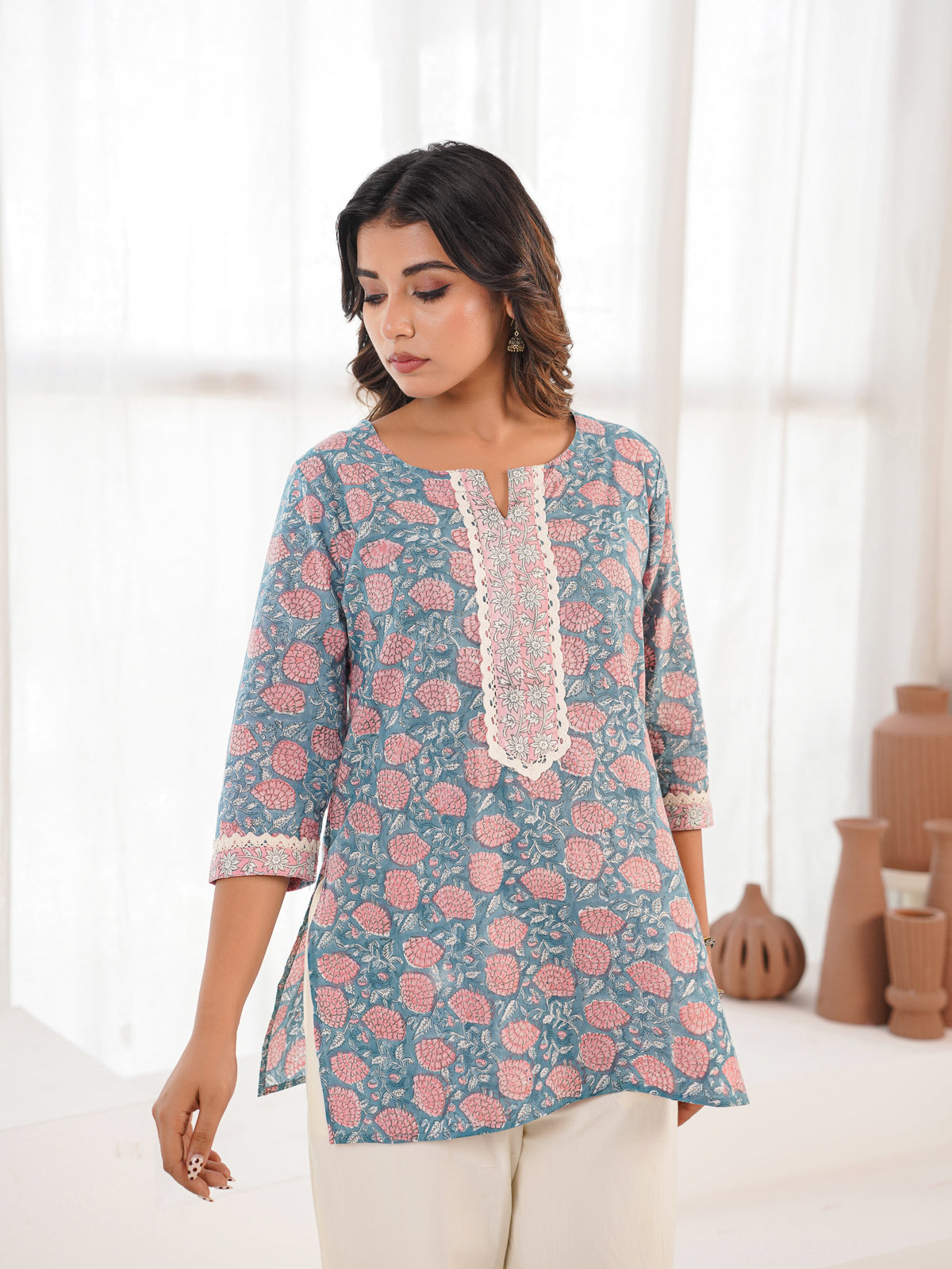 Block-Printed Cotton Zoya Kurti Grey Booty