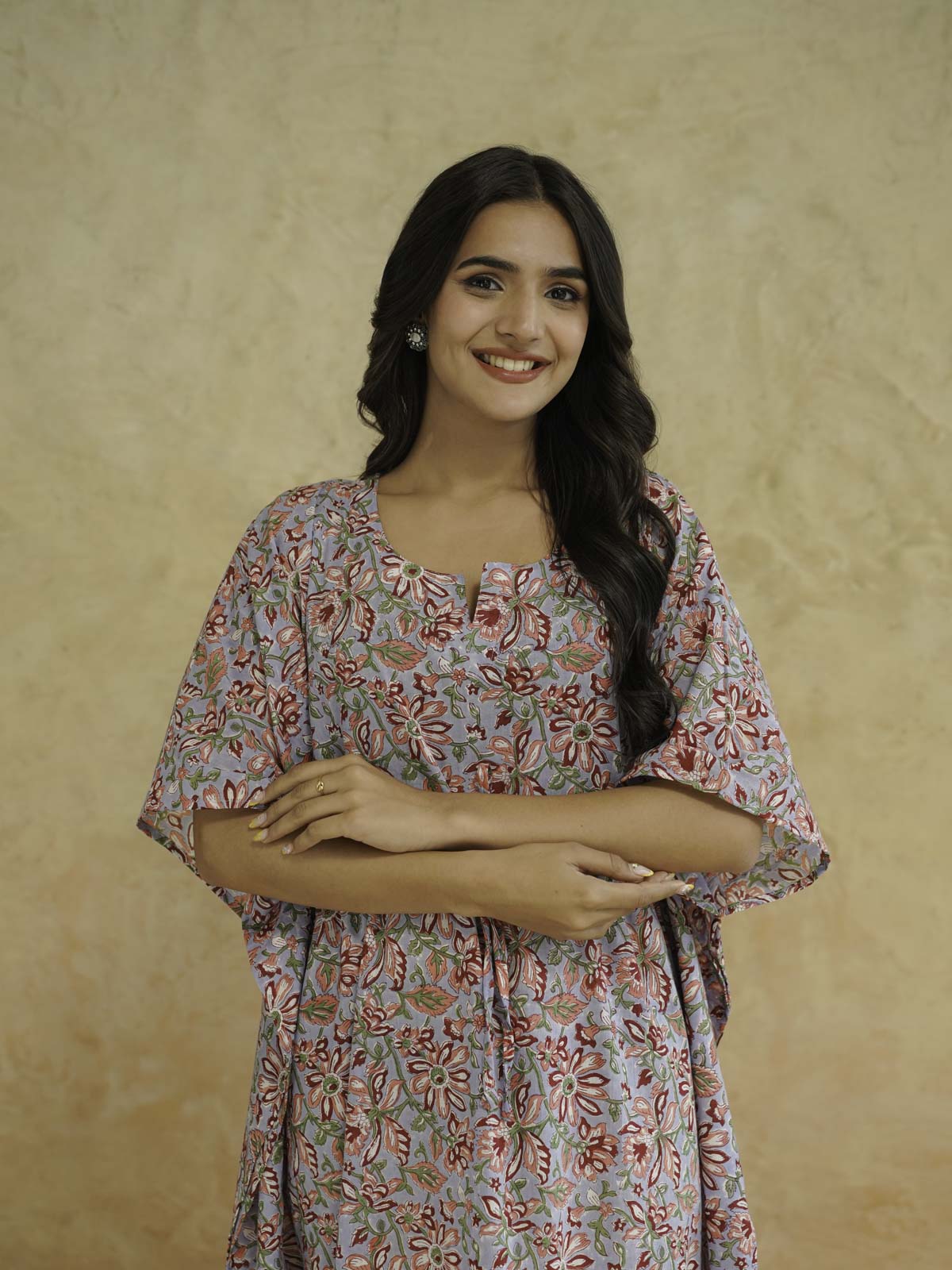 Block-Printed Cotton Long Kaftan Blue Jaal