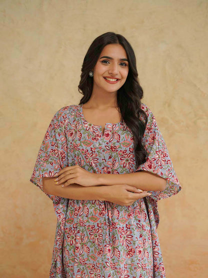 Block-Printed Cotton Long Kaftan Blue Jaal