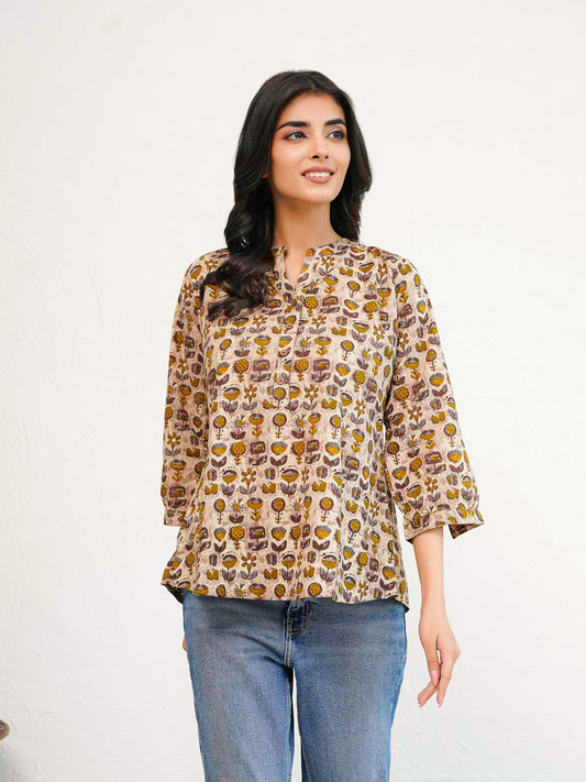 Cotton Printed Everyday Tunic Top For Women Brown