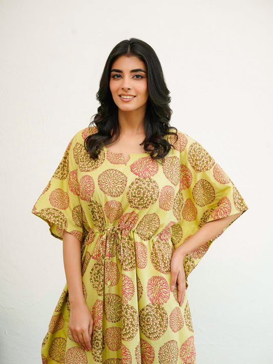 Block-Printed Cotton Long Kaftan Green Flower