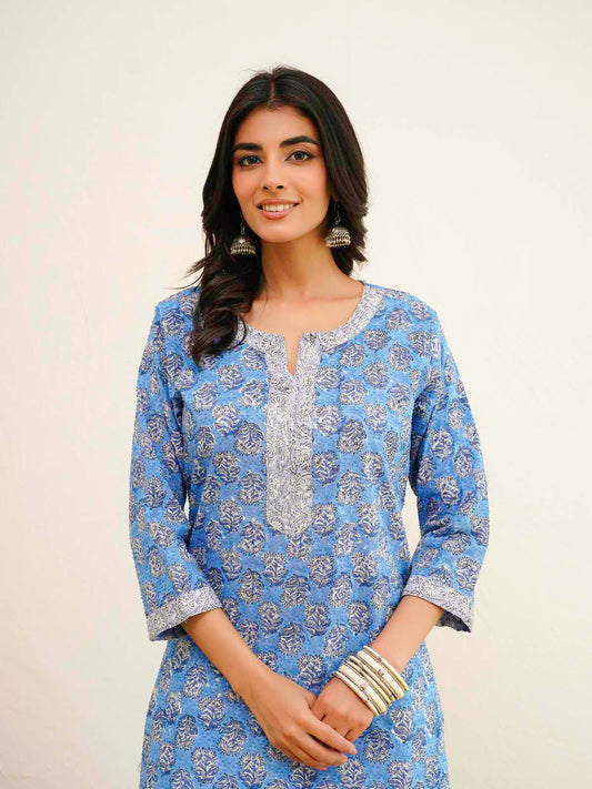 Cotton Block Printed Long Kurta Blue Booty
