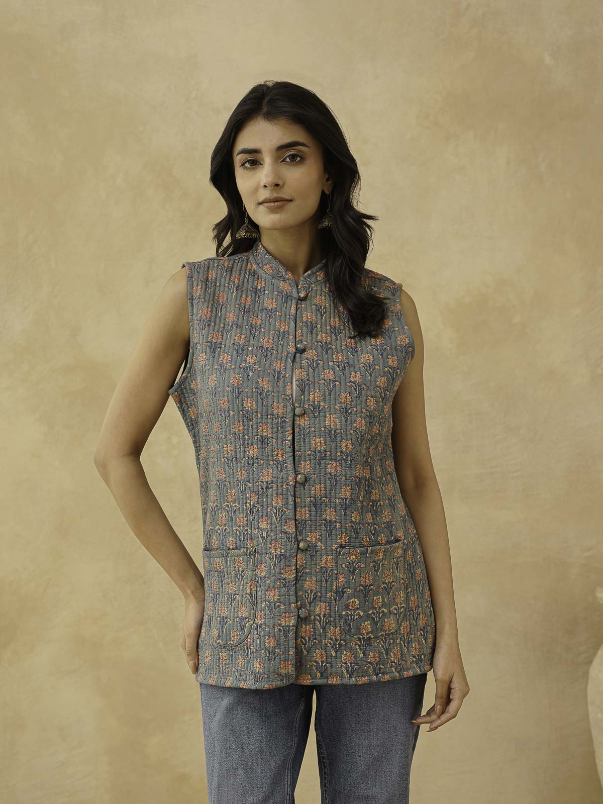 Cotton Printed Sleeveless Quilted Jacket Grey Booty