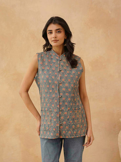 Cotton Printed Sleeveless Quilted Jacket Grey Booty