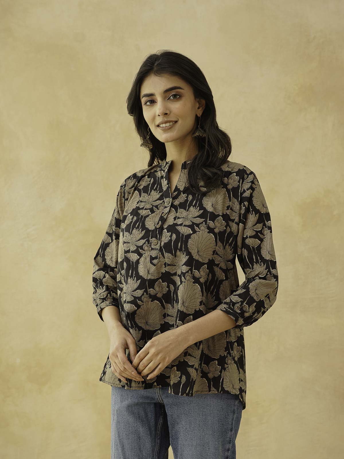 Cotton Printed Everyday Tunic Top For Women Black Grey