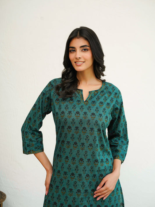 Cotton Printed Kantha Kurta Grey