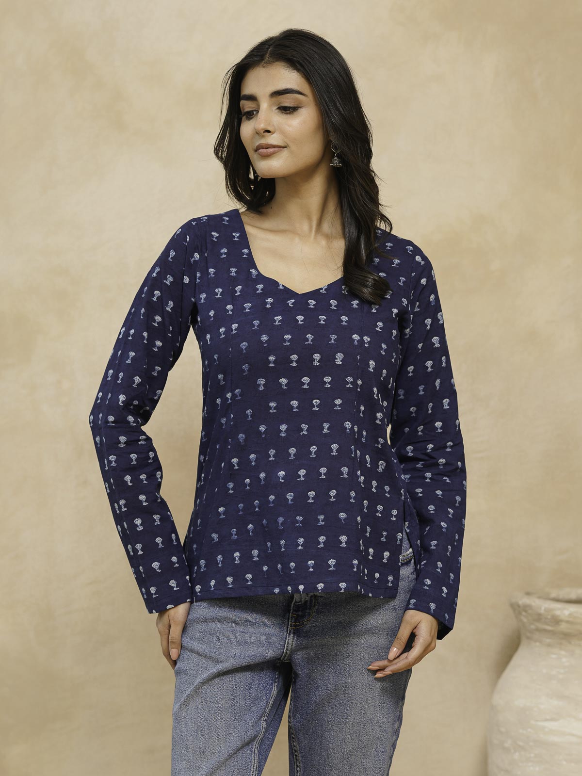 Full Sleeve Cotton Printed Classic Vee Top Blue Booty