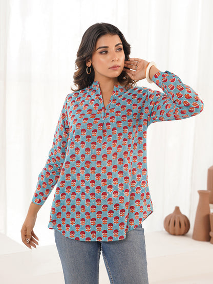 Cotton Printed Top For Women Turquoise