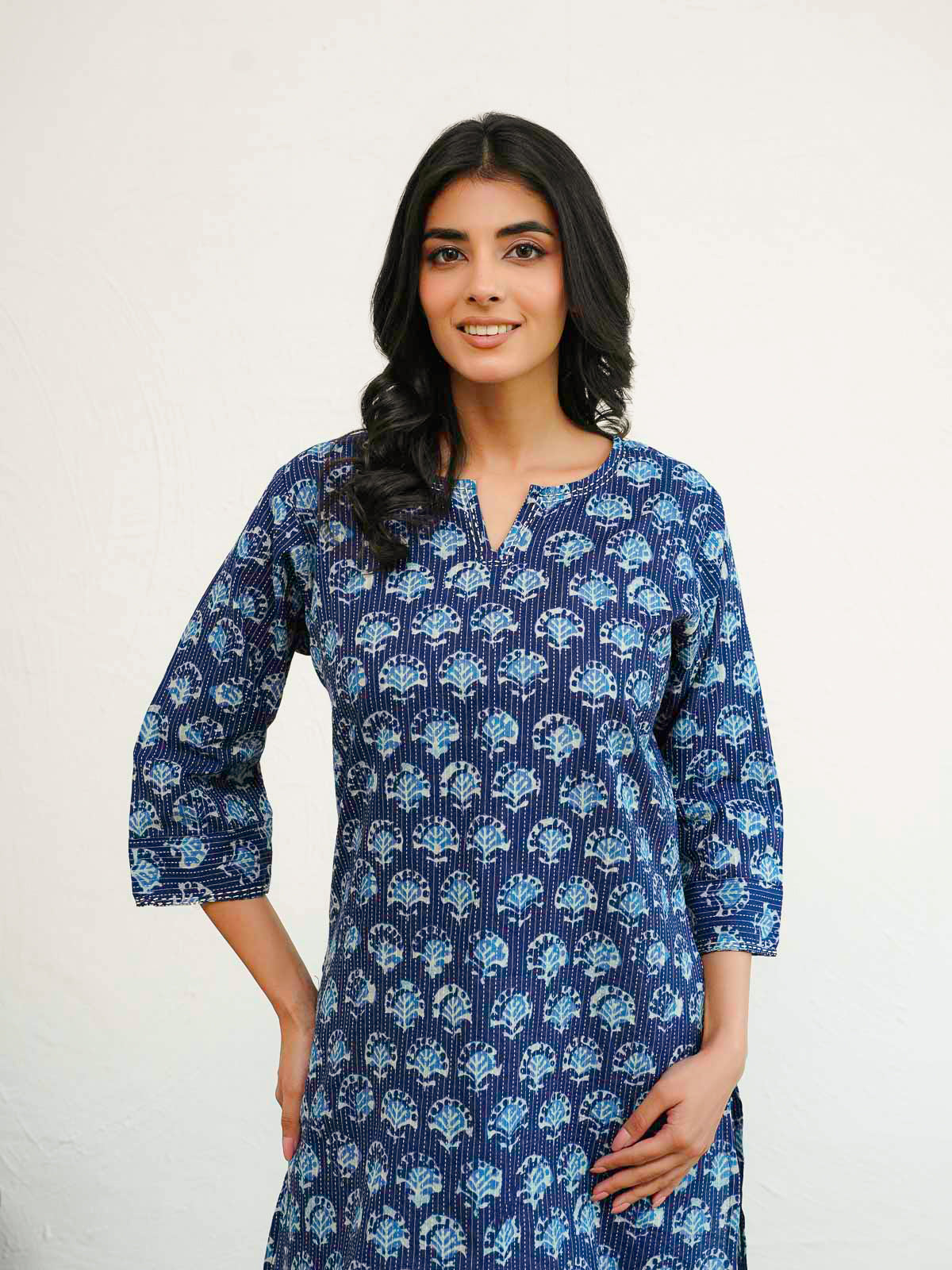 Cotton Printed Kantha Kurta Blue