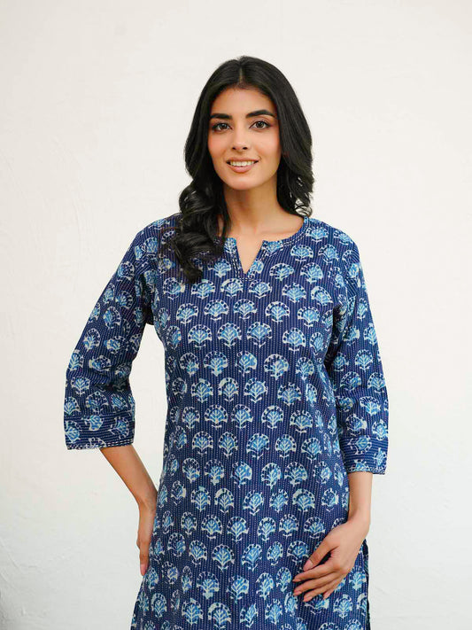 Cotton Printed Kantha Kurta Blue