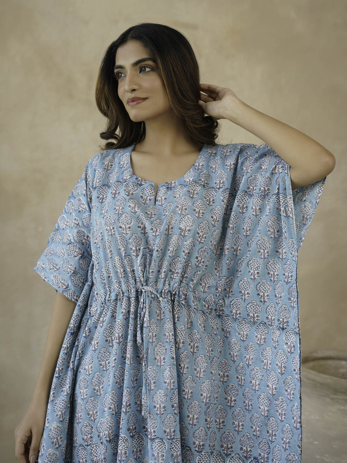 Block-Printed Cotton Long Kaftan Blue Booty