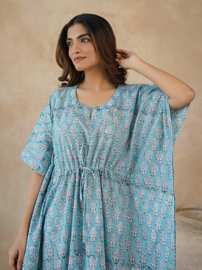 Block-Printed Cotton Long Kaftan Blue Booty