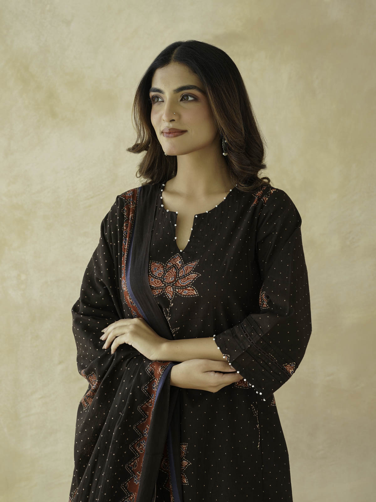 Cotton Printed Aline Geet Kurta Set For Women Black Lotus