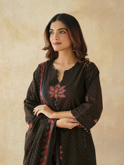 Cotton Printed Aline Geet Kurta Set For Women Black Lotus