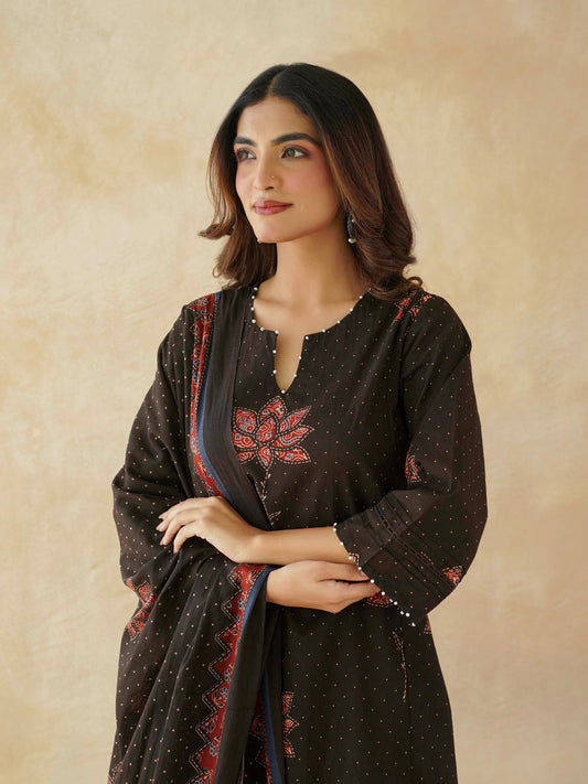 Cotton Printed Aline Geet Kurta Set For Women Black Lotus