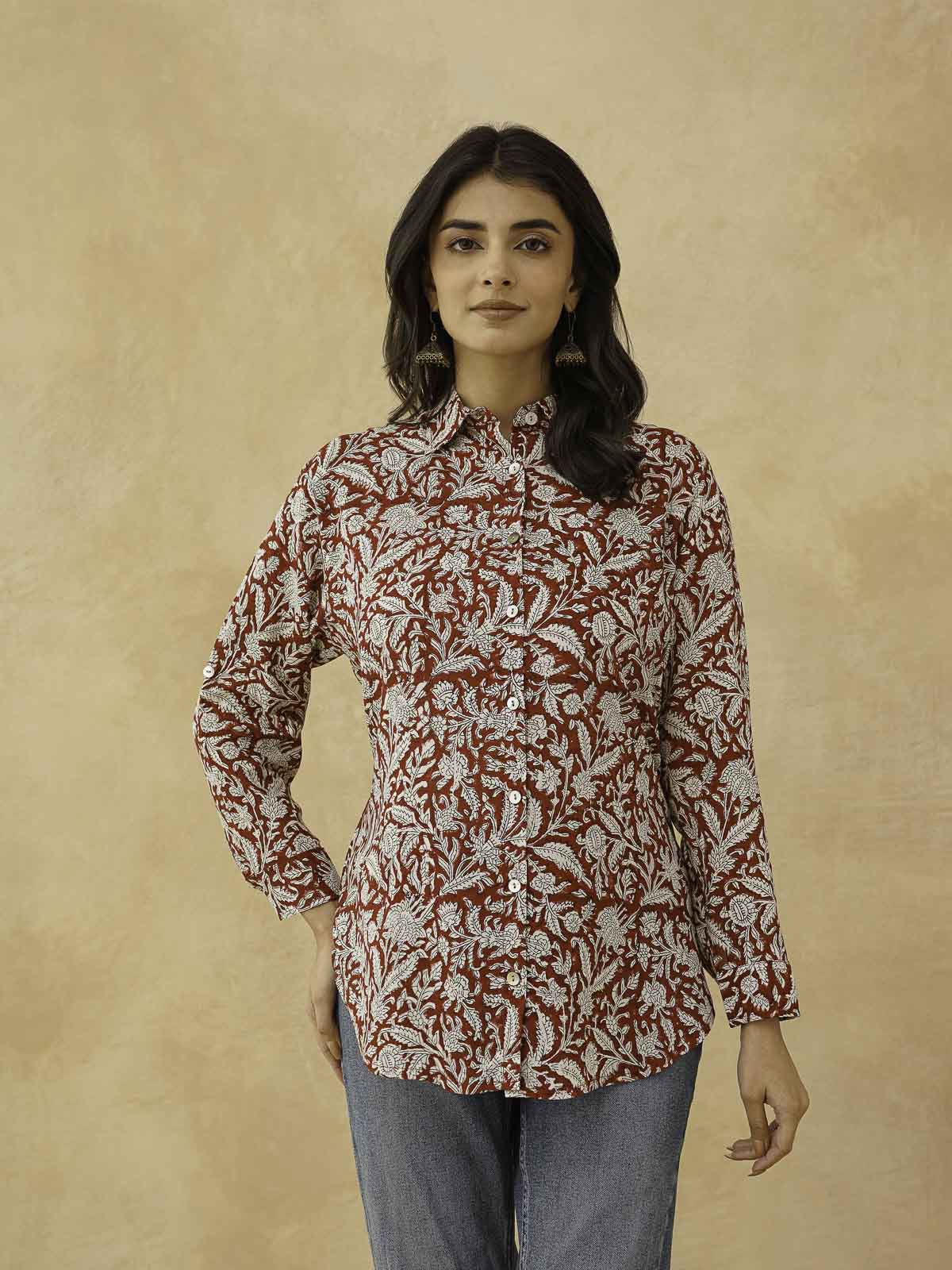 Block Printed Cotton Meher Shirt Red Jaal