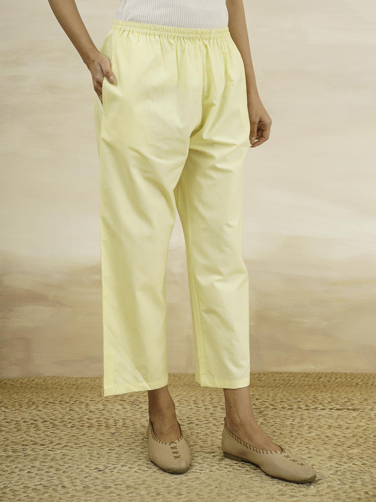 Cotton Solid Ankle Length Pants Yellow