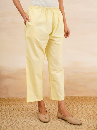 Cotton Solid Ankle Length Pants Yellow