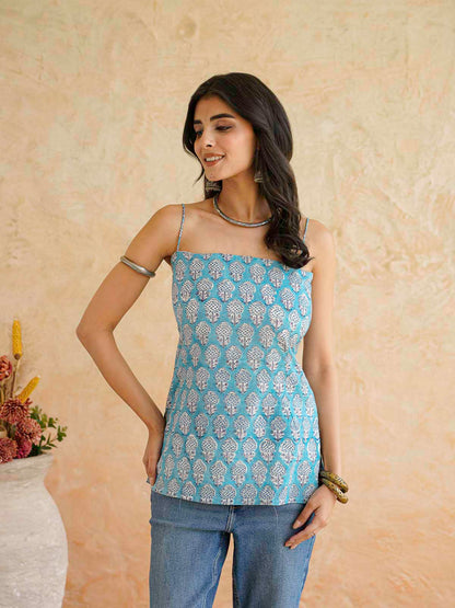 Cotton Sleeveless Strappy Top Sky Blue