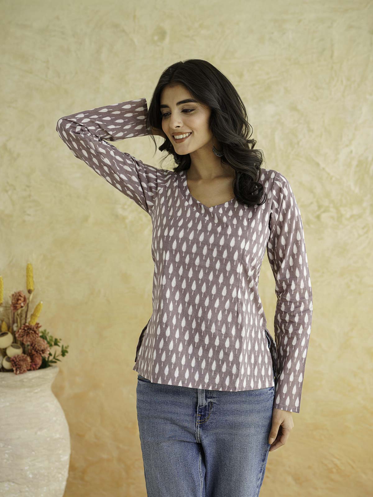 Full Sleeve Cotton Printed Classic Vee Top Purple