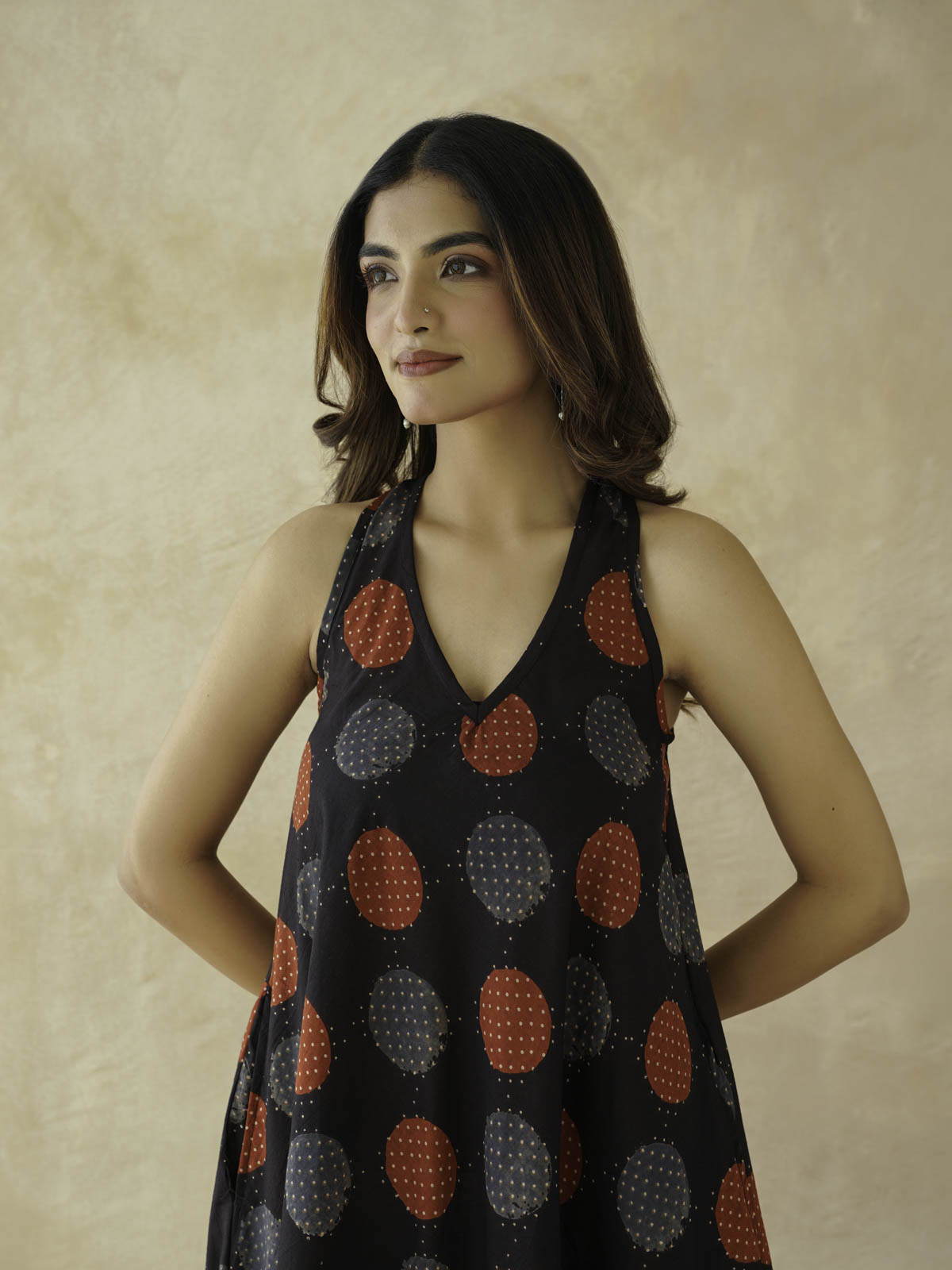 Cotton Printed Aline Moana Dress Black Polka