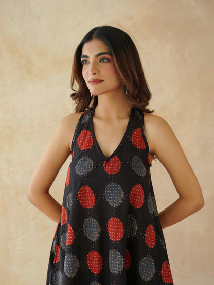 Cotton Printed Aline Moana Dress Black Polka