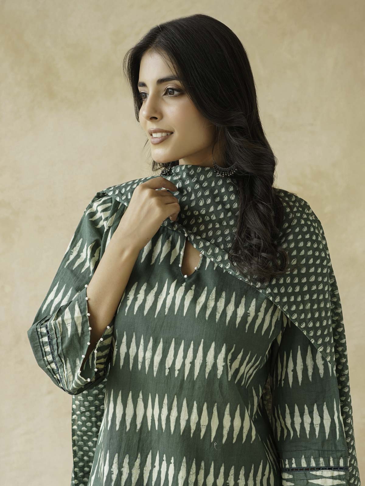 Cotton Printed Aline Kurta Set For Women Green