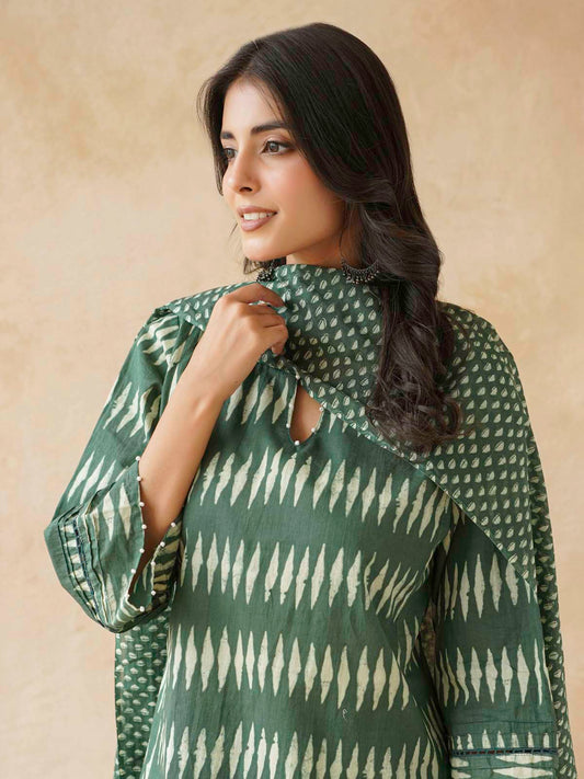 Cotton Printed Aline Kurta Set For Women Green