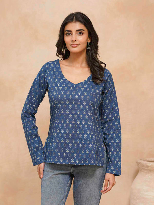 Full Sleeve Cotton Printed Classic Vee Top Blue Indigo Flower