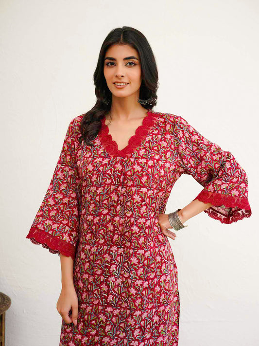 Block Printed Cotton Kurta Pant Bagiya Set Red Patti