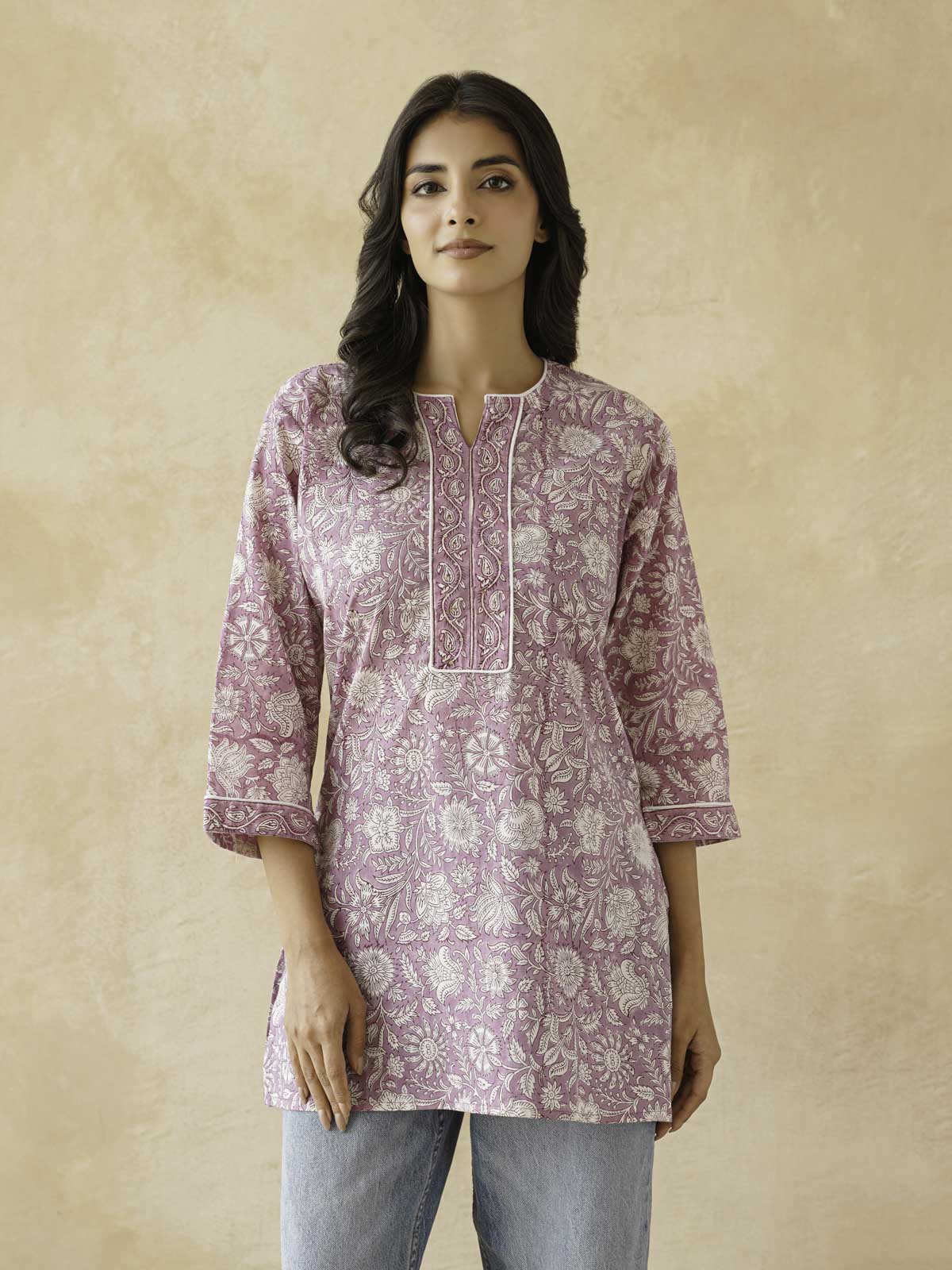 Cotton Printed Sequin Short Kurti For Women Purple
