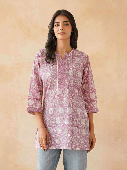 Cotton Printed Sequin Short Kurti For Women Purple