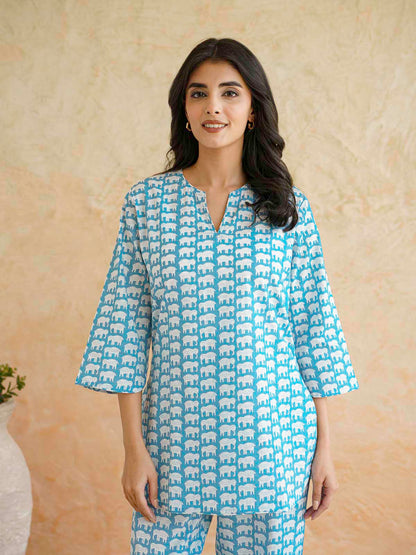 Cotton Printed Lounge Wear Coord Set Sky Blue