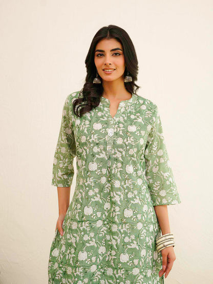 Cotton Pleat Kurta For Women Green