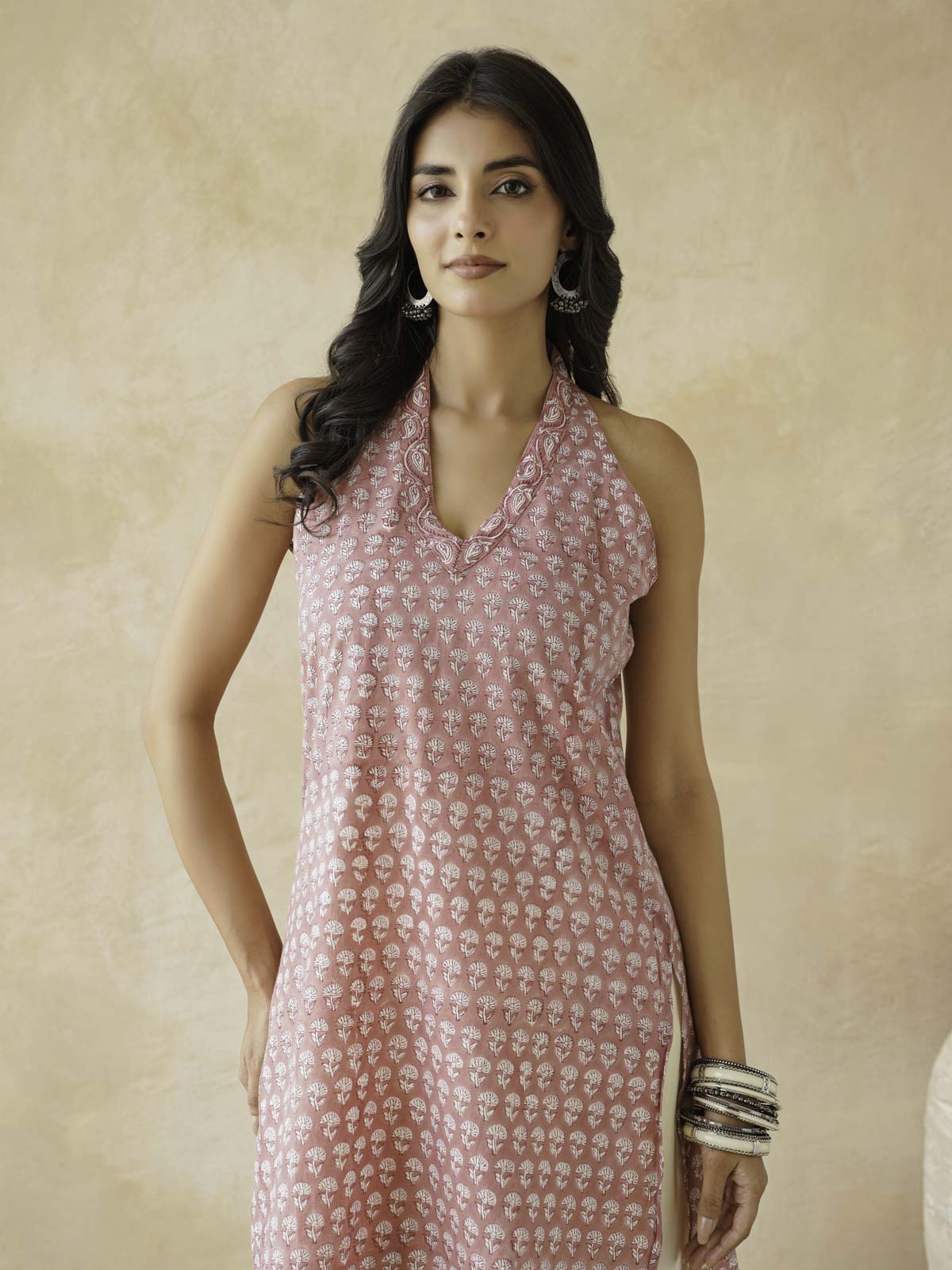 Sleeveless Cotton Halter Neck Kurti Dusty Pink