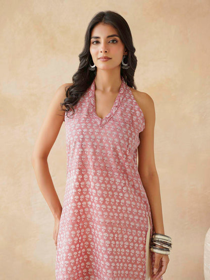 Sleeveless Cotton Halter Neck Kurti Dusty Pink