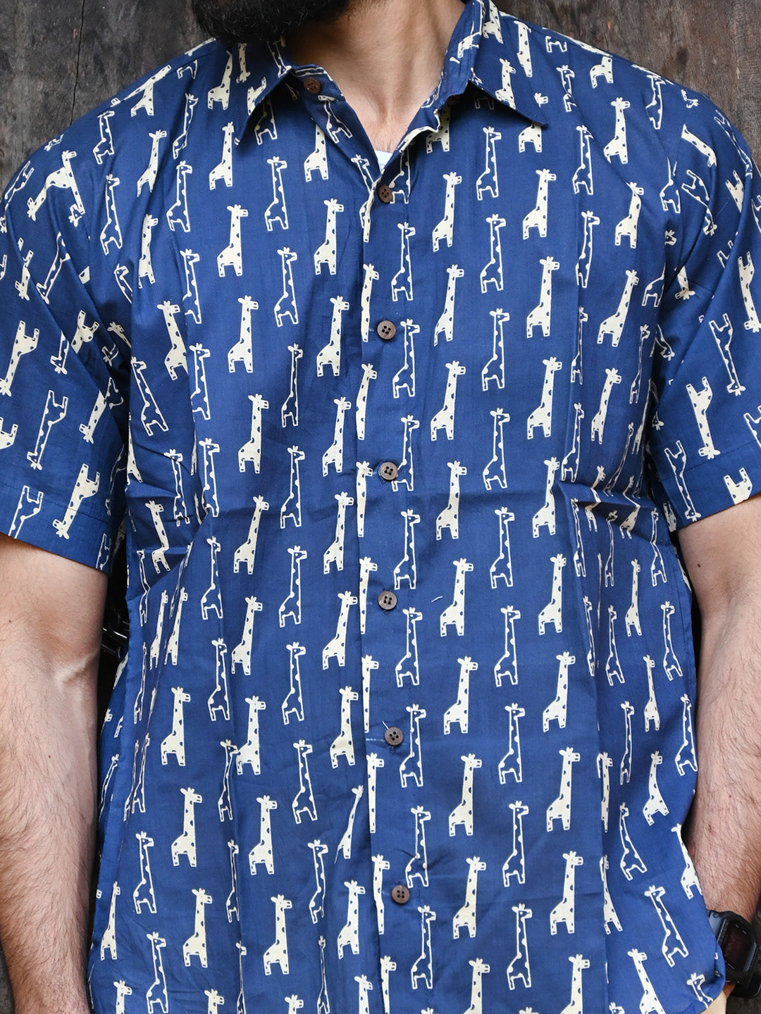 Men's Relaxed Fit Cotton Shirt – Half Sleeves - Blue Giraffe