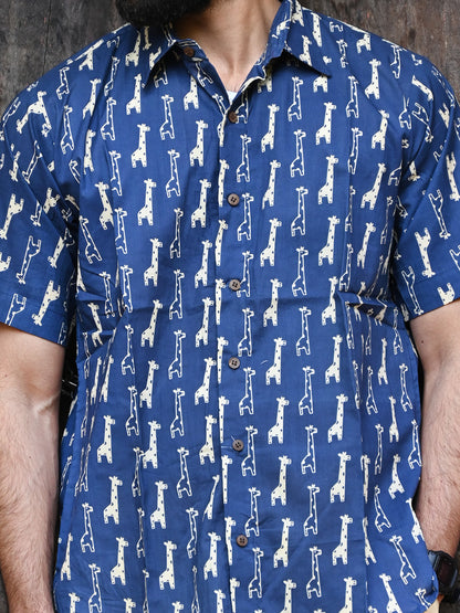 Men's Relaxed Fit Cotton Shirt – Half Sleeves - Blue Giraffe