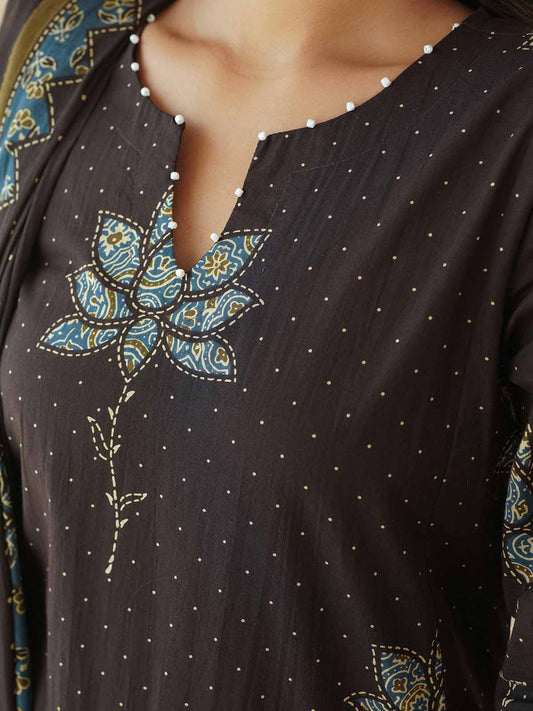 Cotton Printed Aline Gitika Set For Women Brown