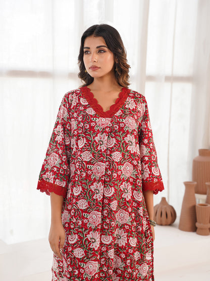 Block Printed Cotton Kurta Pant Bagiya Set Red Flower
