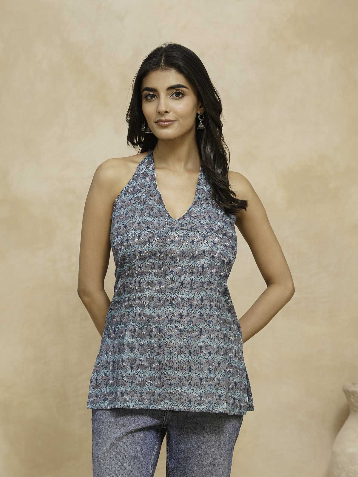 Cotton Printed Stylish Halter Tie-Up Kurti Blue