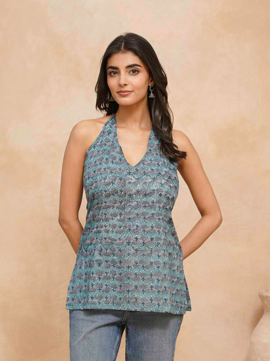 Cotton Printed Stylish Halter Tie-Up Kurti Blue